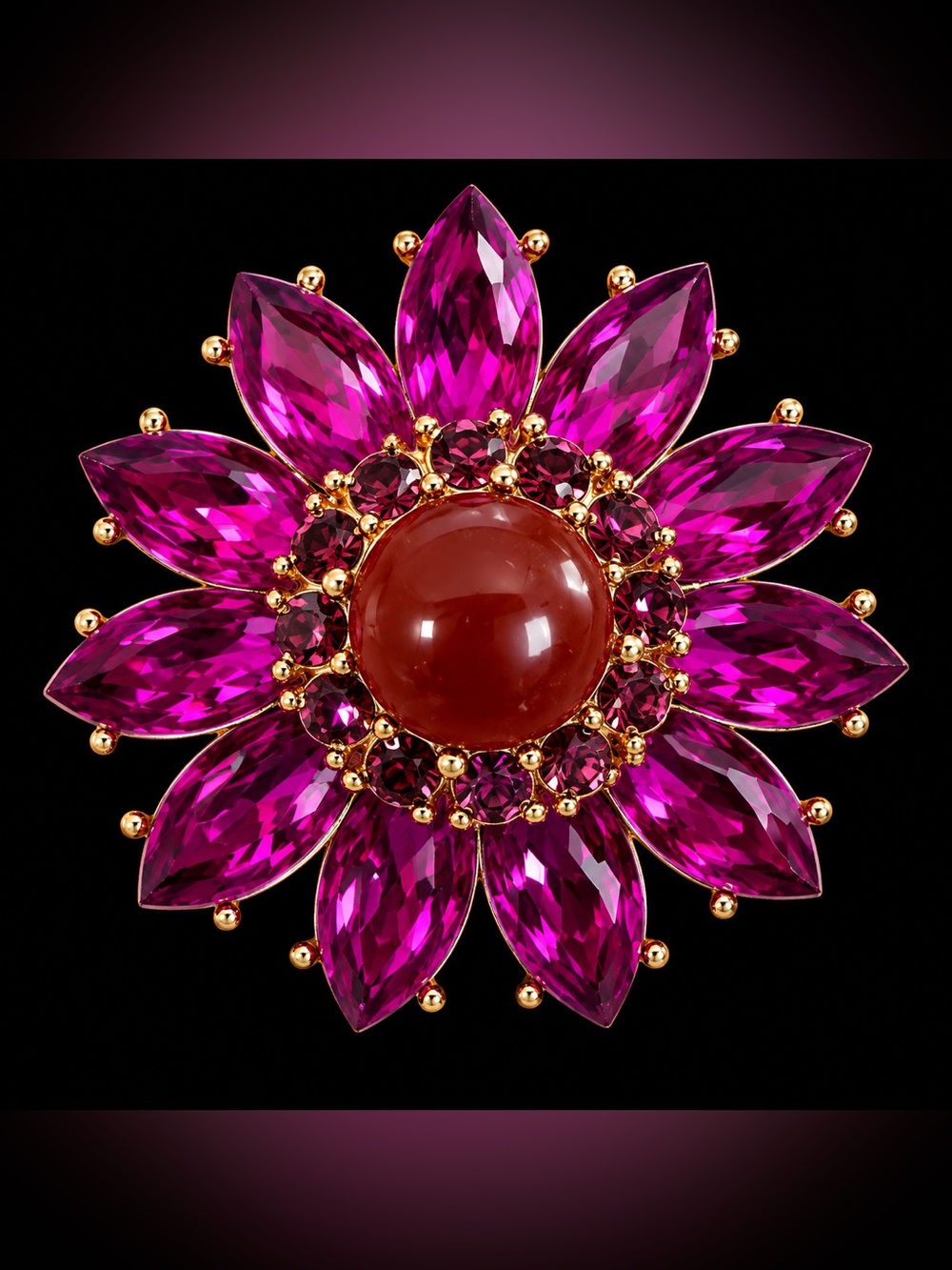 Gold-Tone Pink Crystal Flower Brooch with Red Center